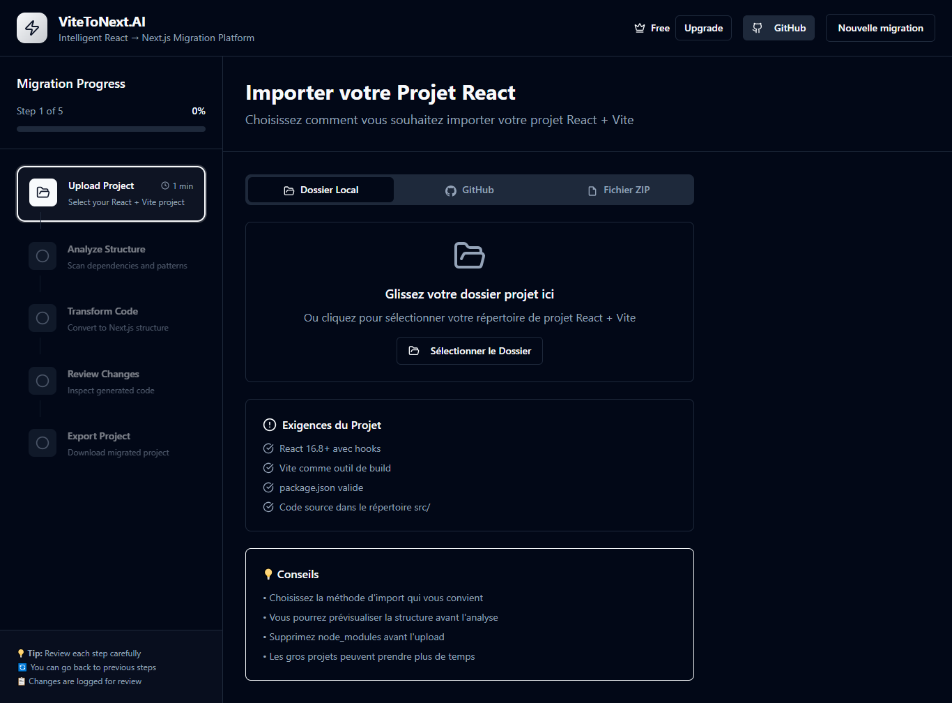ViteToNext.AI user interface showing analysis and conversion of a React Vite project to Next.js with generated code preview